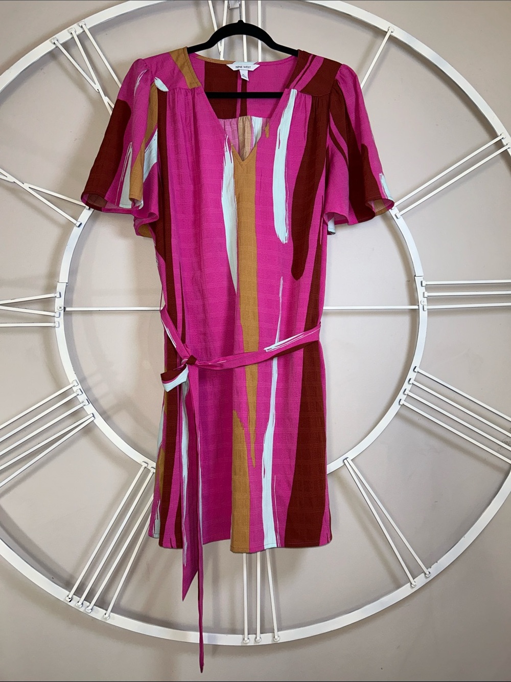 Nine West Retro Striped Flutter Sleeve Pink Multicolor Mini Dress with Tie Waist